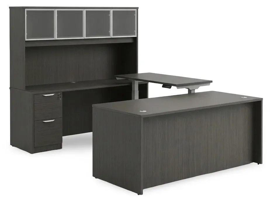 U Shaped Sit Stand Desk with Hutch