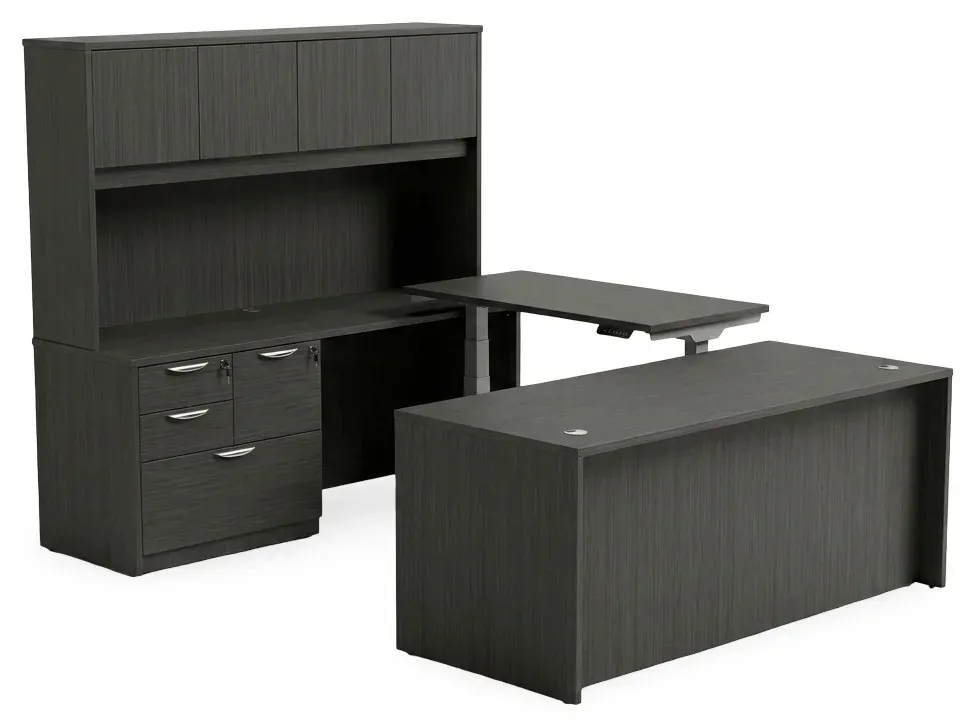 U Shaped Sit Stand Desk with Hutch
