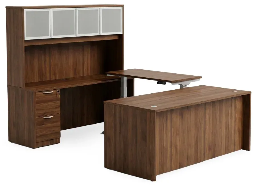U Shaped Sit Stand Desk with Hutch