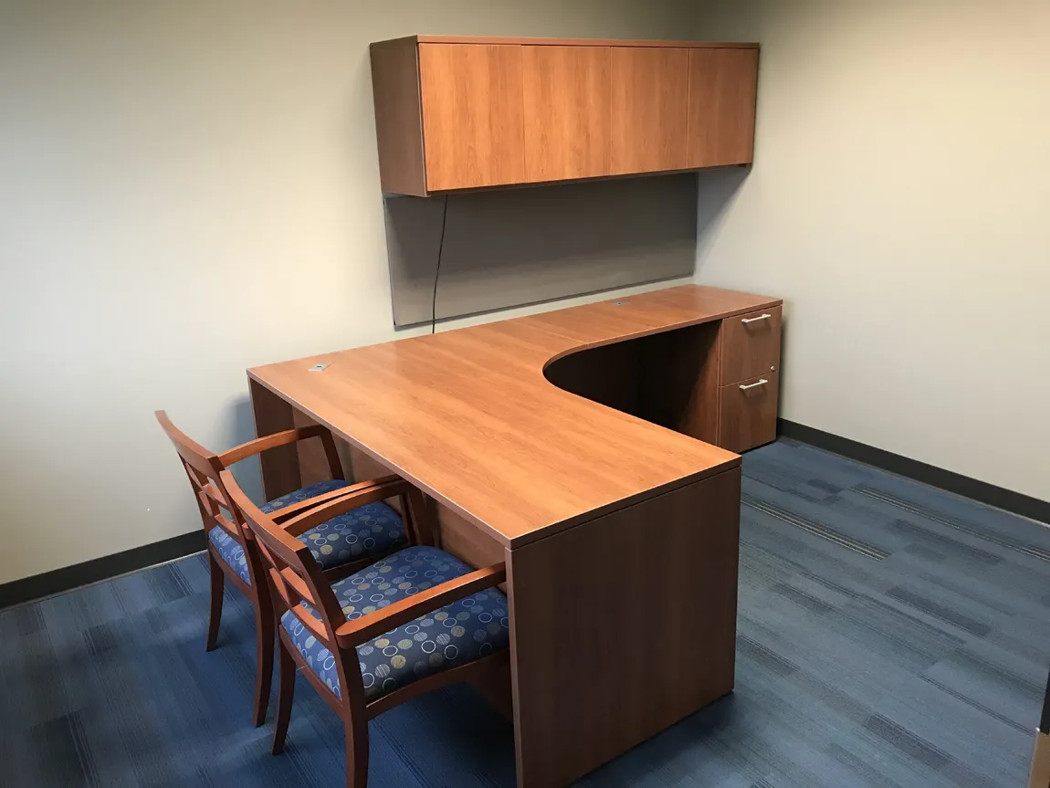 Lacasse Oak Laminate L-Shaped Desk with Drawers and Hutch