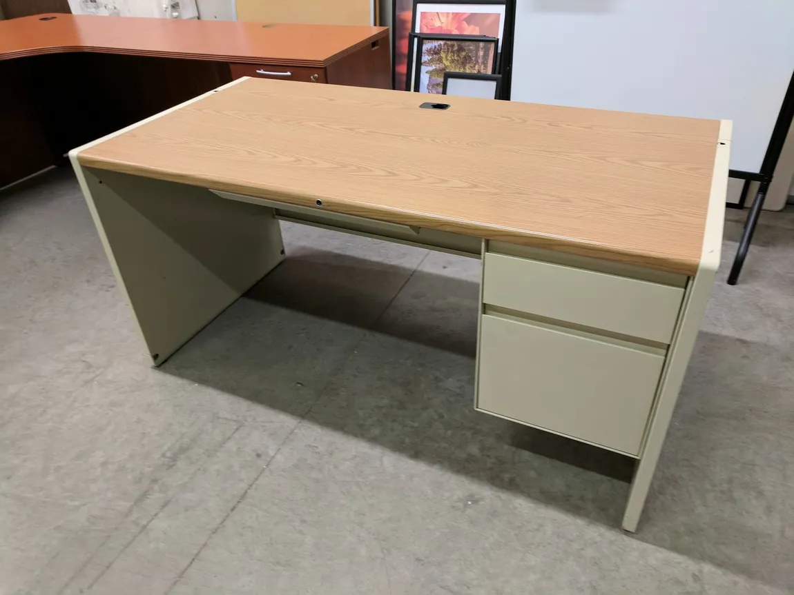 Putty Metal Desk with Oak Laminate Top