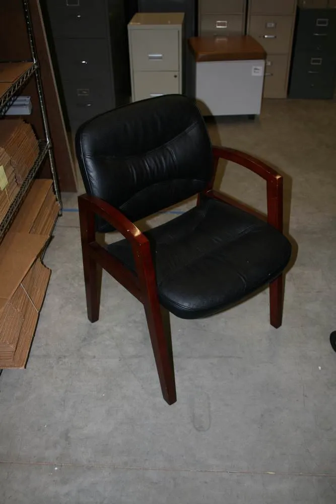 Mahogany Arms and Black Leather Seat Office Guest Chair