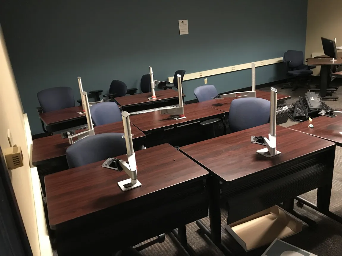 Mahogany Laminate Rolling Training Tables with Monitor Arms â€“ 36x24