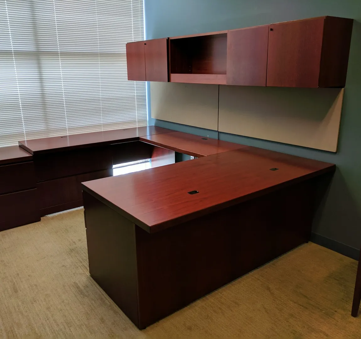 Solid Wood Cherry U-Shape Desk with Overhead Storage