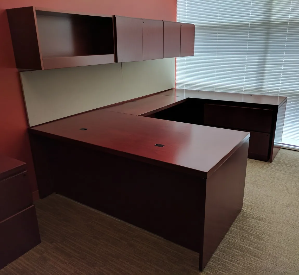 Solid Wood Cherry U-Shape Desk with Overhead Storage â€“ Right Bridge