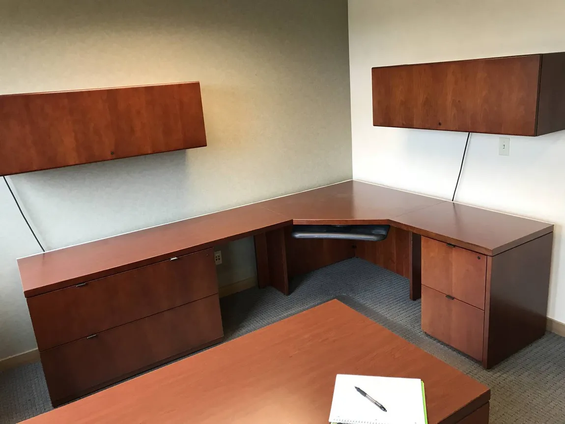 Kimball Mahogany L-Shaped Corner Desk with Drawers