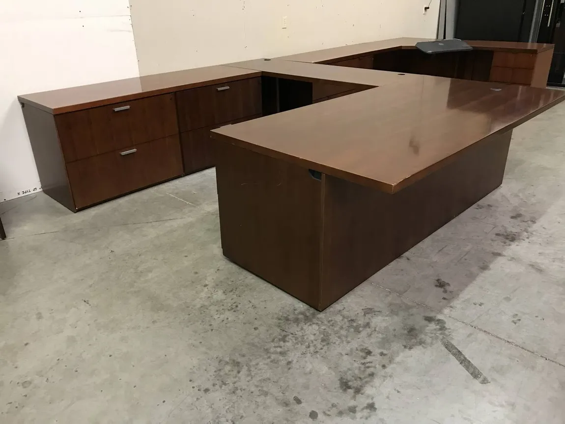 National Solid Wood Cherry U-Shape Desk with Drawers