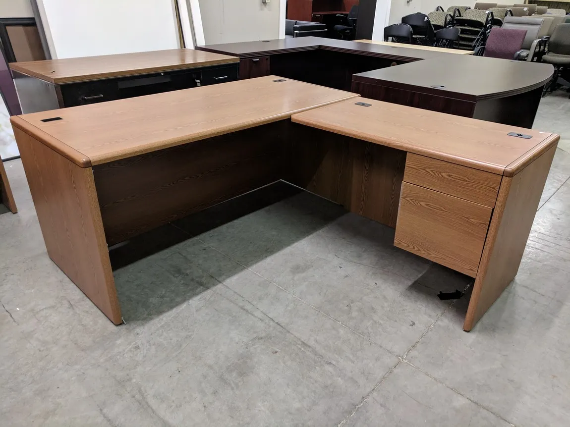 Hon Oak Laminate L-Shape Desk with Drawers