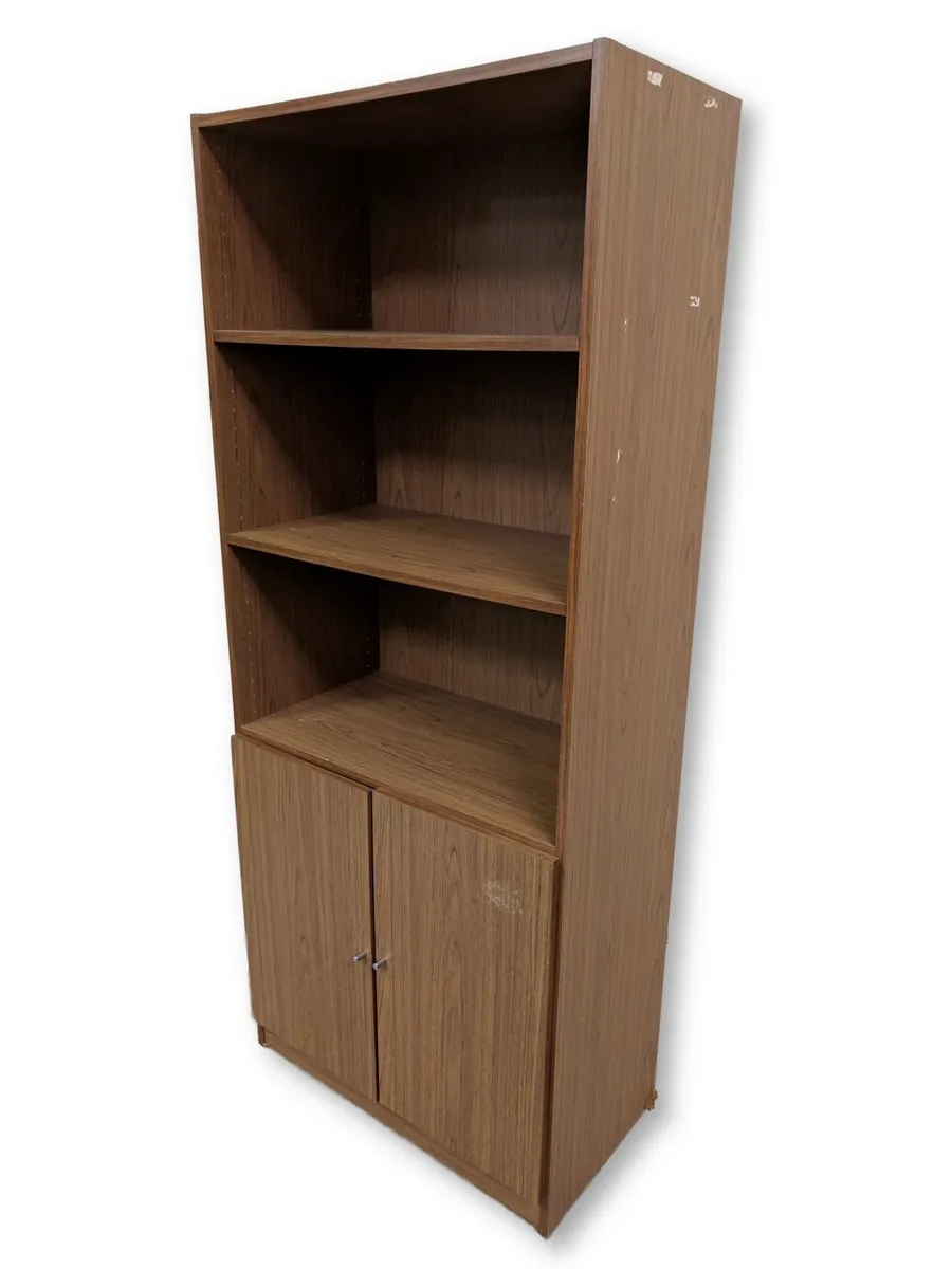 Walnut Laminate Bookshelf with Hinged Door Storage â€“ 30 Inch Wide