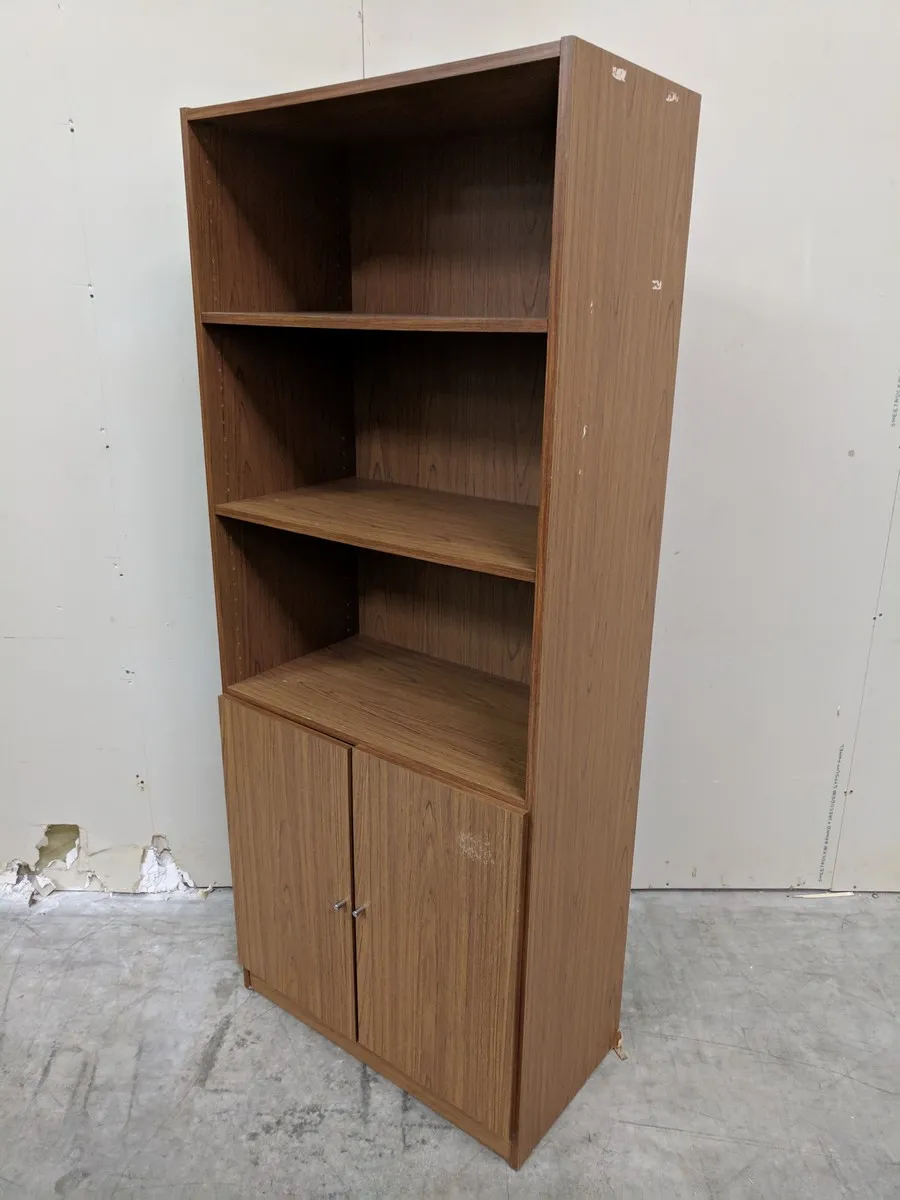 Walnut Laminate Bookshelf with Hinged Door Storage â€“ 30 Inch Wide