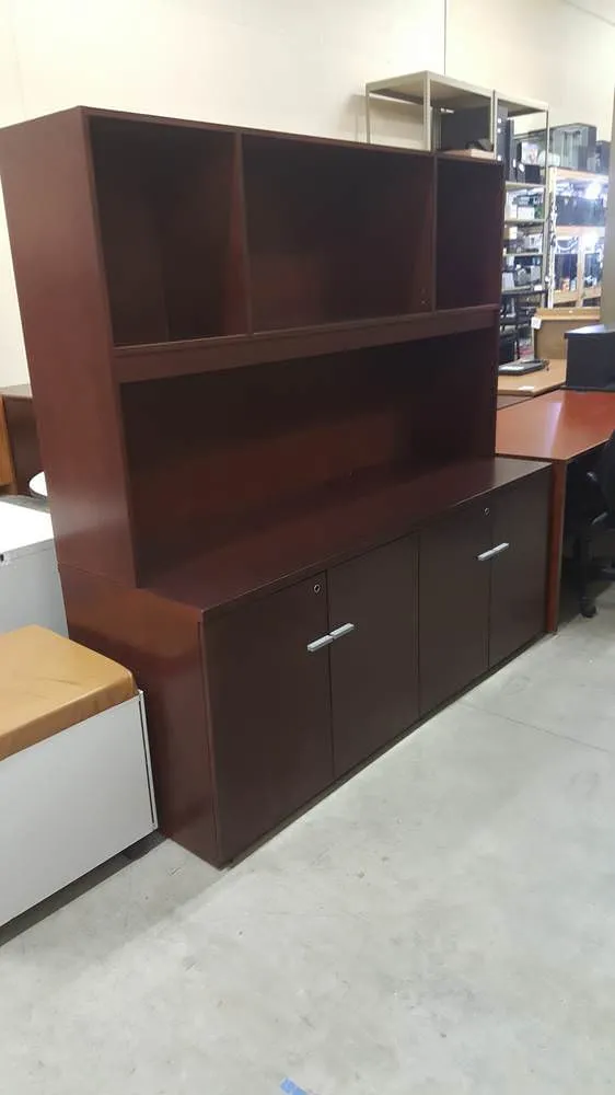 Used Mahogany Colored  Veneer Credenza and Hutch
