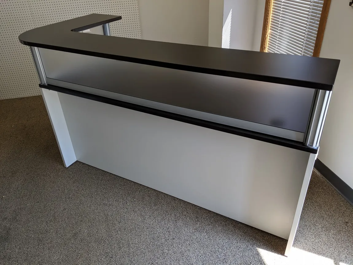 White Laminate Reception Desk with Dark Walnut Top and Transaction Counter