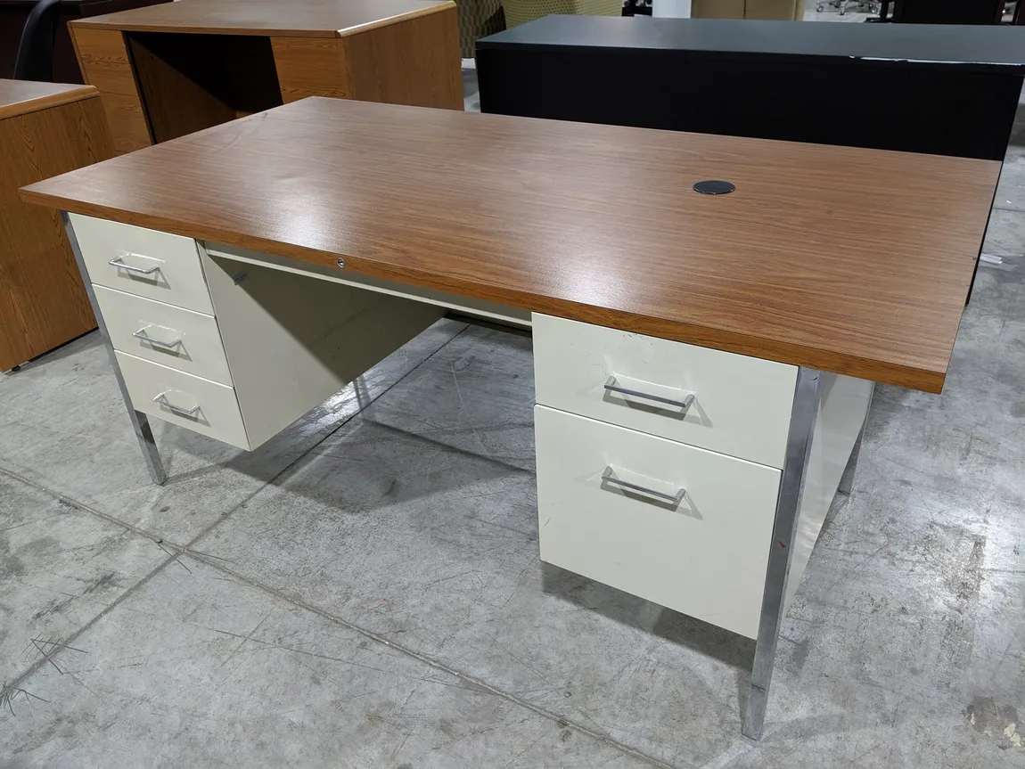 Putty Metal Desk with Oak Laminate Top