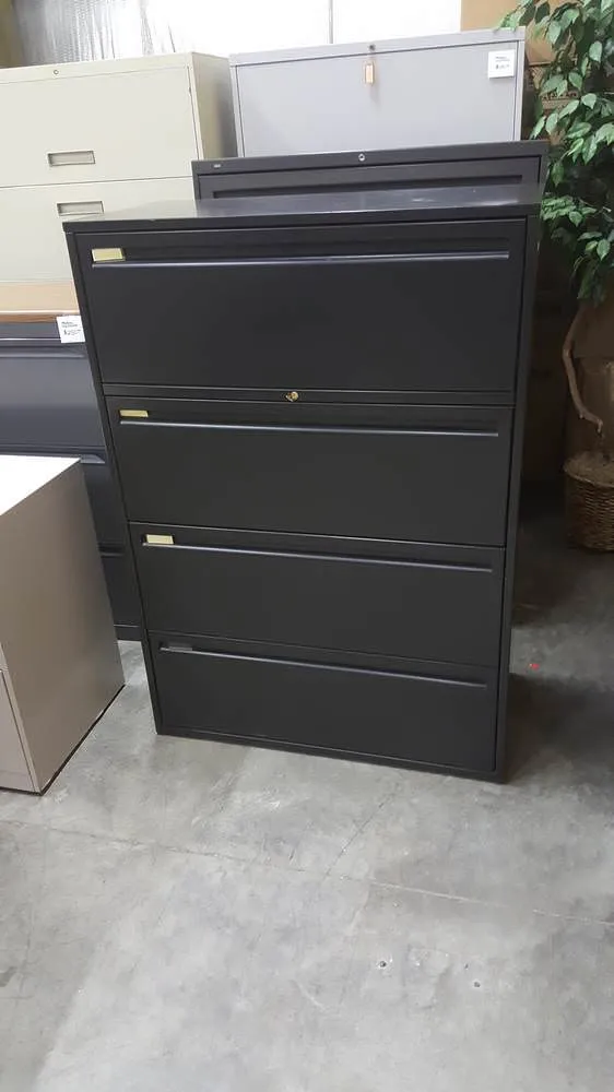 Used Black 4 Drawer Haworth Lateral File Cabinet 