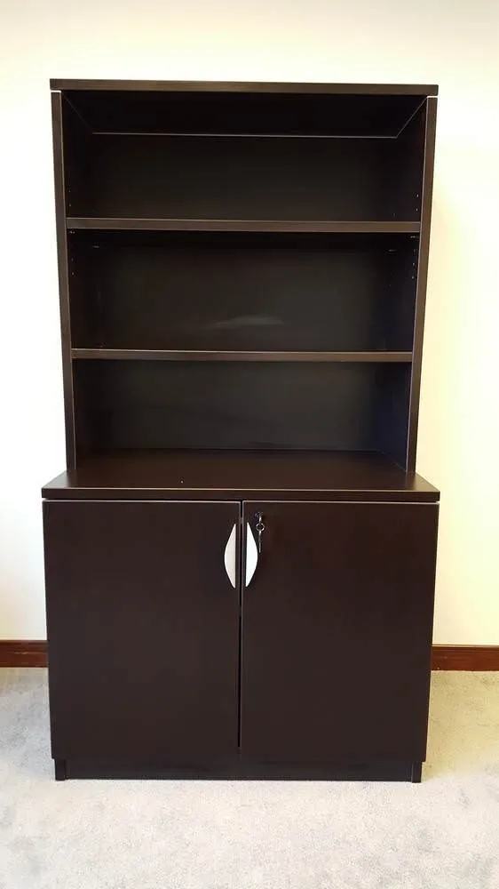 Dark Walnut Storage Cabinet with Bookshelf Hutch