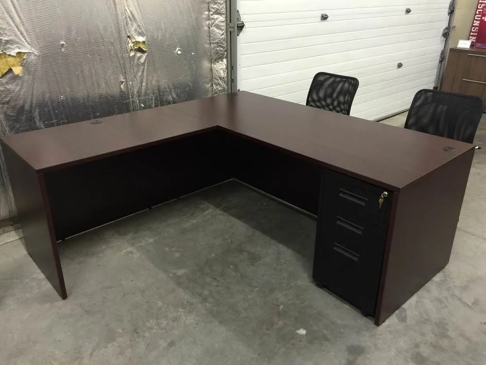Mahogany L Desk with Mobile Pedestal File Drawer Package