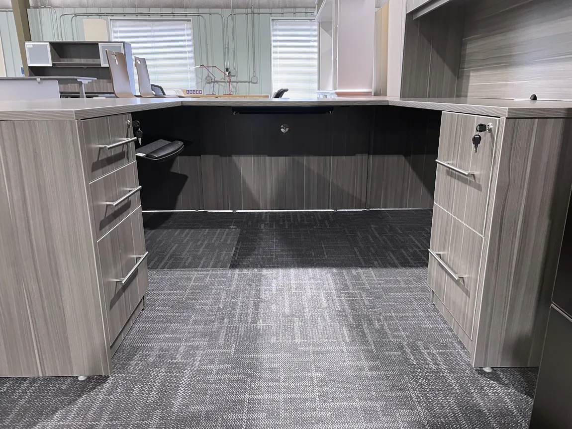 Gray U-Shaped Desk with Hutch and Drawers