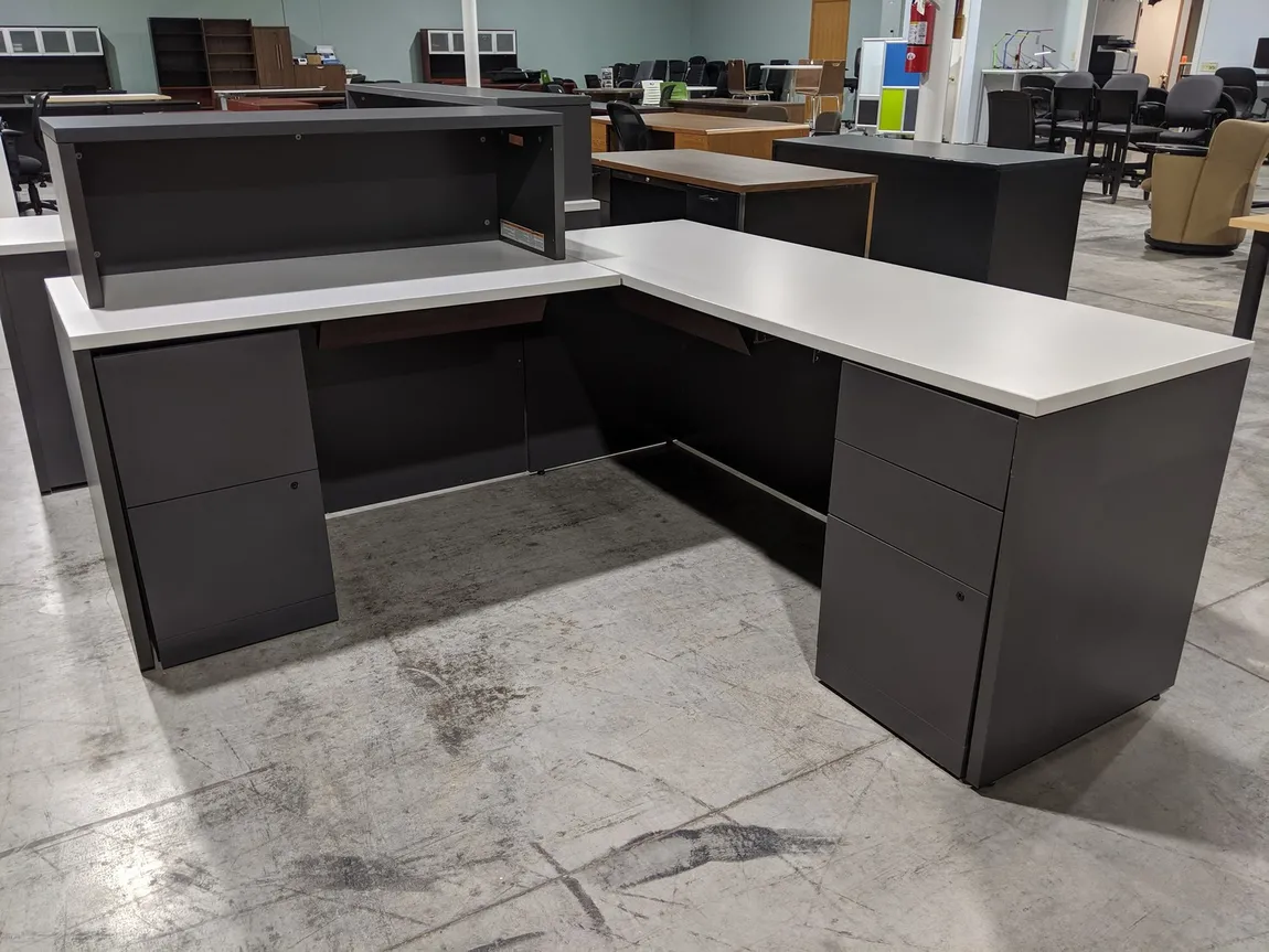 Putty Laminate L-Shaped Desk with Gray Base and Drawers