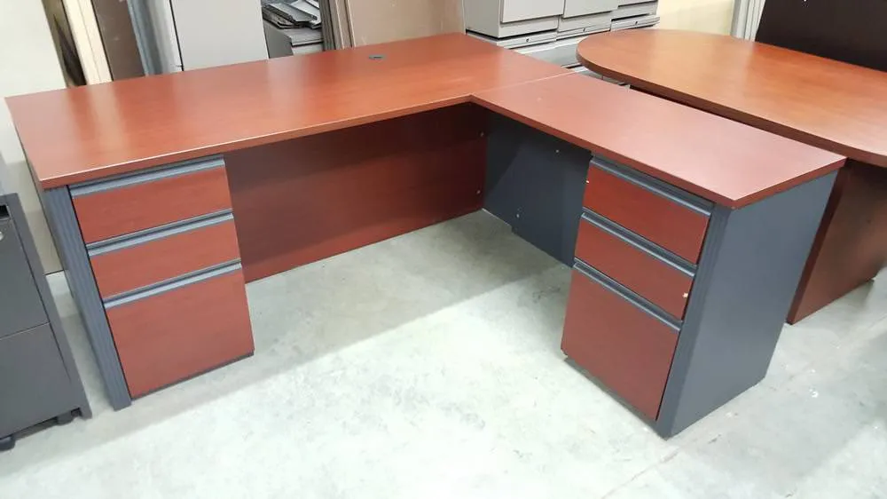 Two-Tone Cherry and Gray L Desk with Drawers