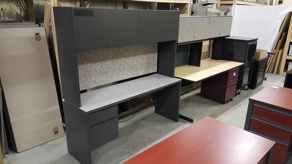 Straight Desk With Drawers Hutch and Overhead Light