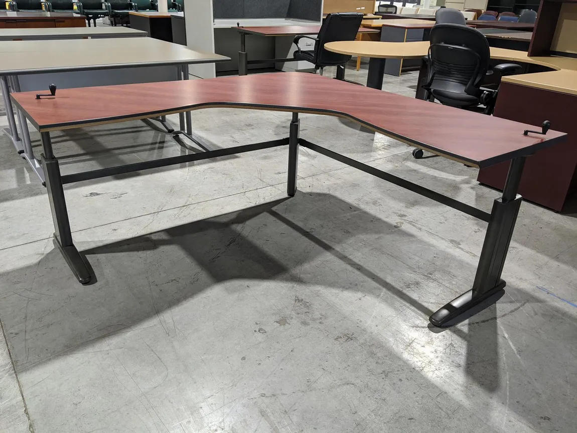 Cherry Laminate L-Shape Height Adjustable Sit-Stand Desk