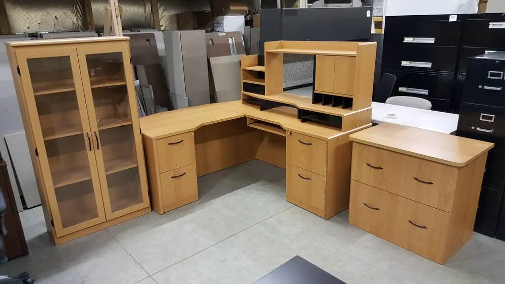 L Shape Corner Desk Unit with Lateral File and Bookcase