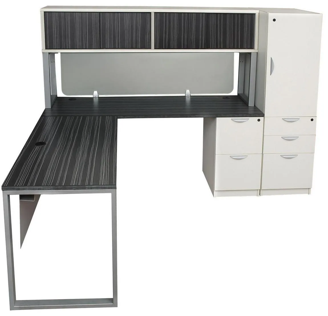 Gray and White Modern L Shaped Desk with Side Storage and Hutch