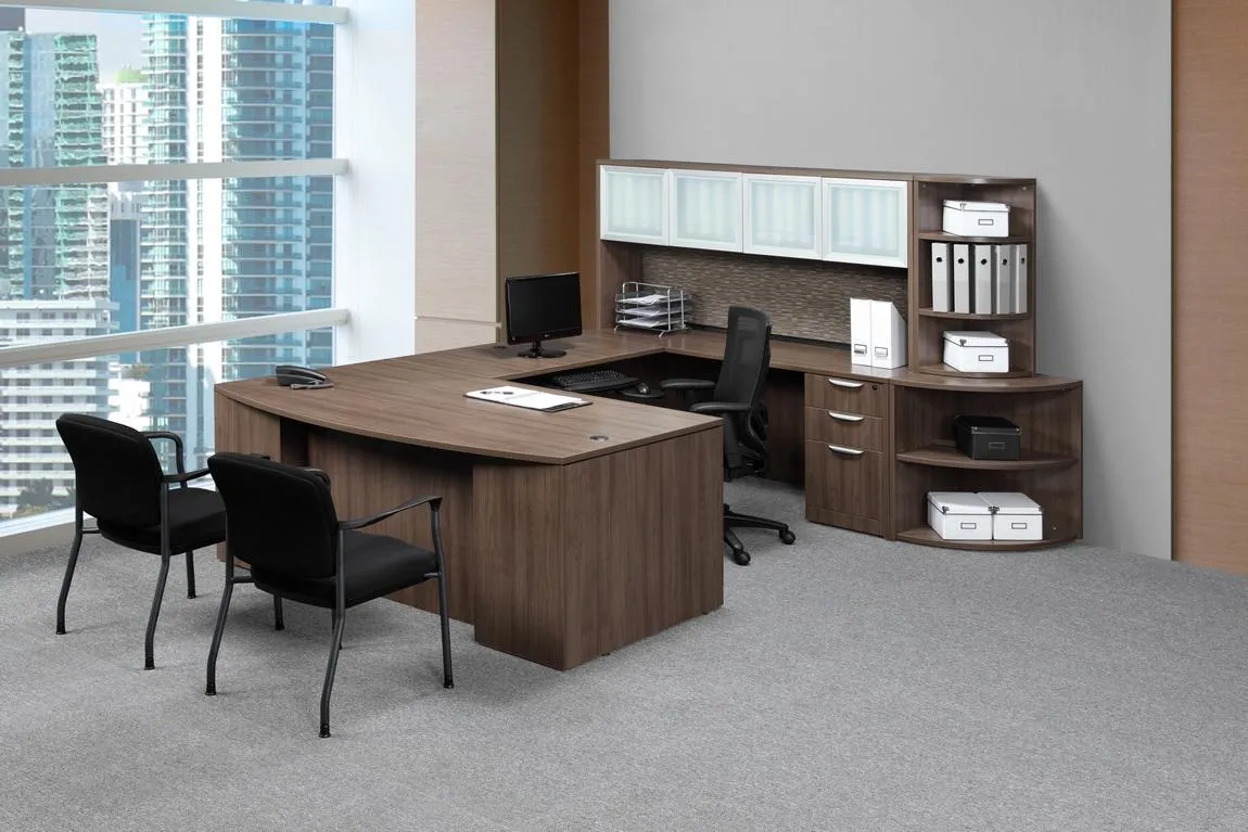 Modern U Shape Desk with Curved Bookcase