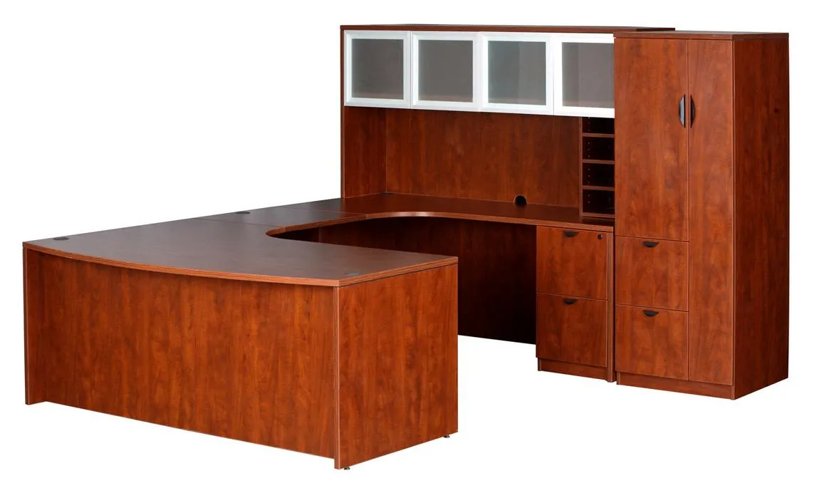 U Shape Desk with Glass Hutch and Storage Tower