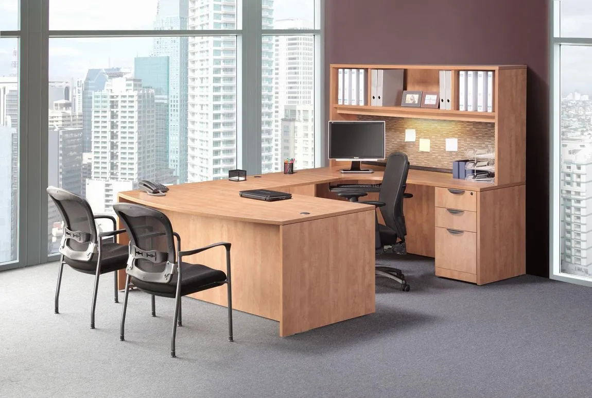 U Shape Desk with Open Bookshelf Hutch