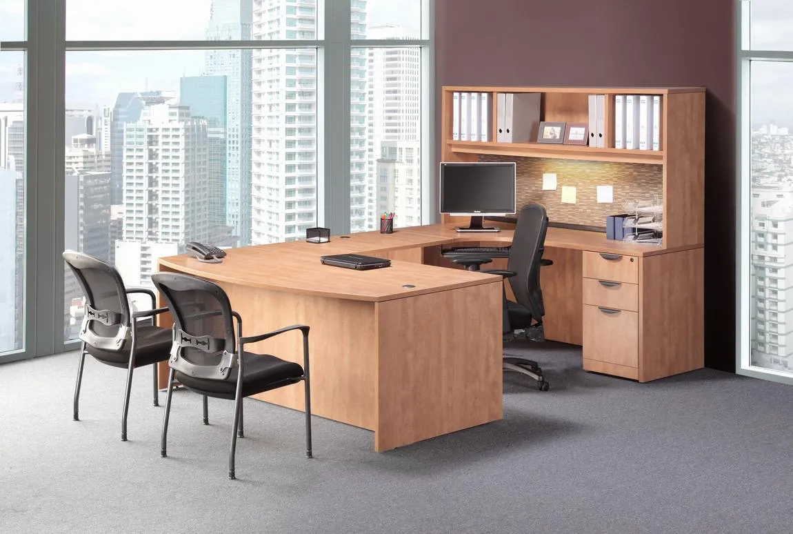 U Shape Desk with Open Hutch and Drawers