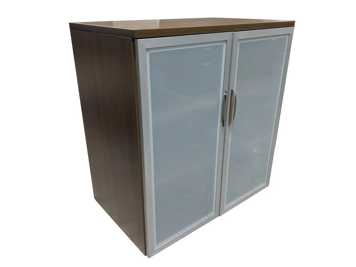 Modern Walnut Storage Cabinet with Glass Doors - 35.5 Inch Wide 