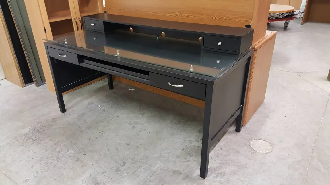 Black Desk with Glass Top and Hutch