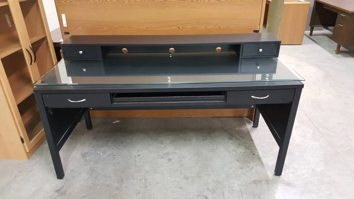 Black Desk with Glass Top and Hutch