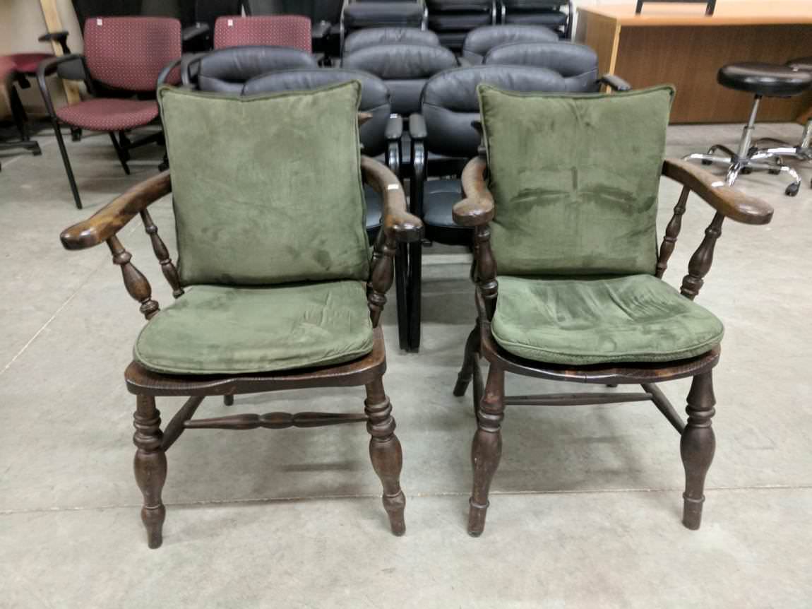 Dark Walnut Guest Chairs With Green Fabric Cushion Seat And Back