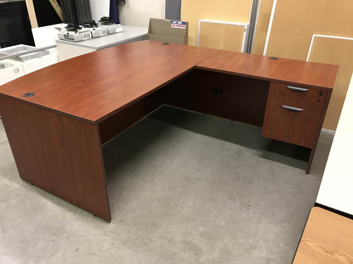 Cherry Bow Front L-Shaped Desk With Drawers 