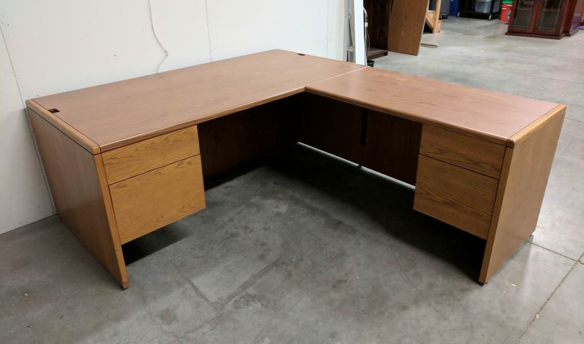 Kimball Oak Laminate L-Shaped Desk