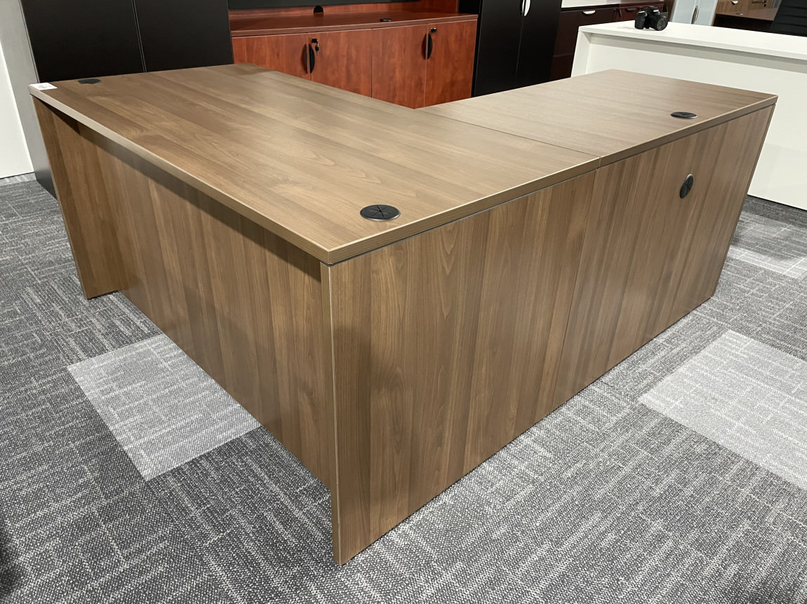 Modern Walnut L Shaped Desk with Drawers
