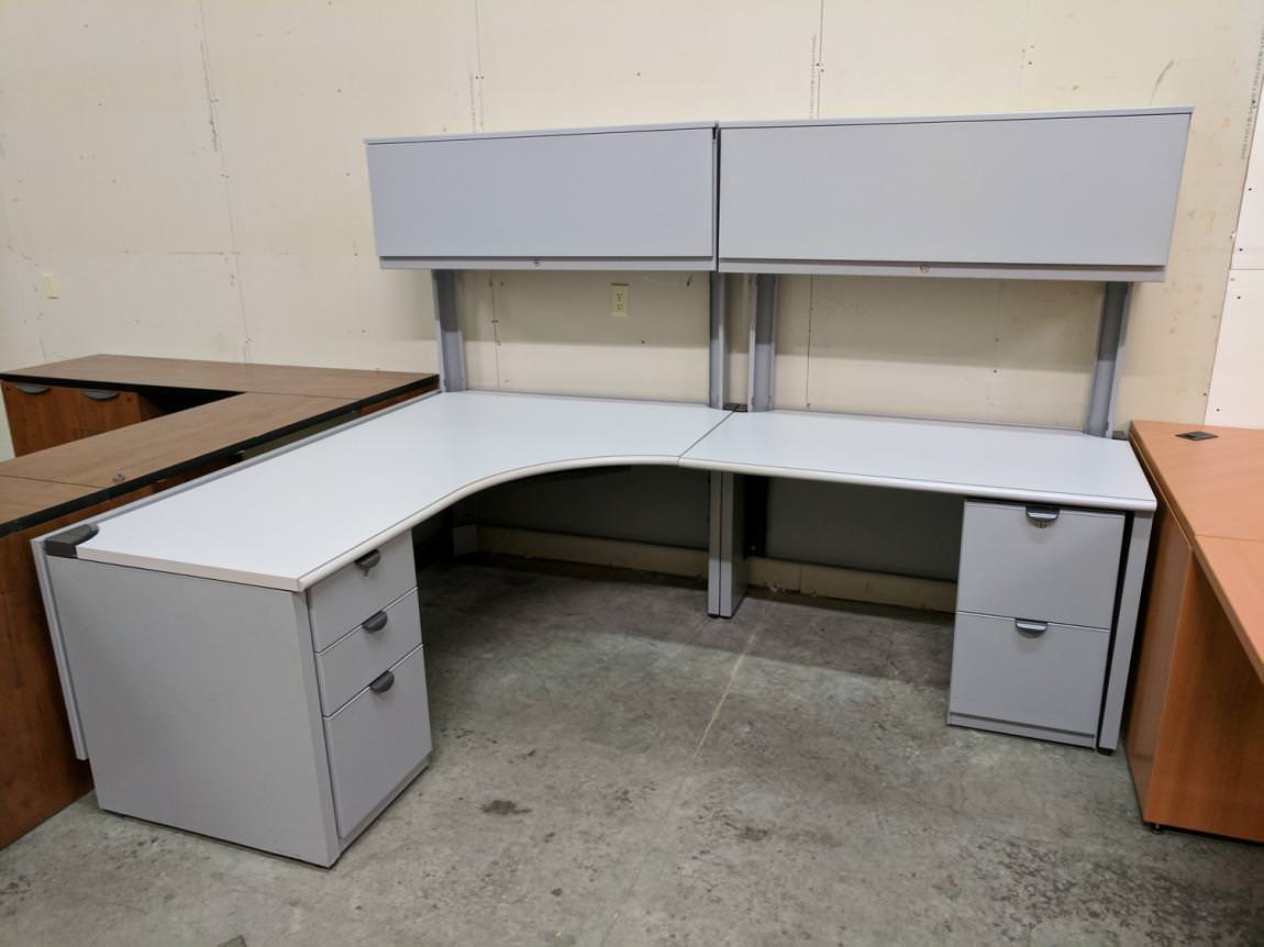 1694 Steelcase Putty Laminate L Shape Desk With Hutch 1 