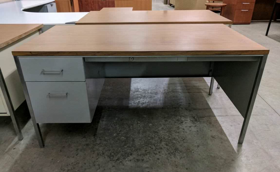 Putty Metal Desk with Oak Laminate Top