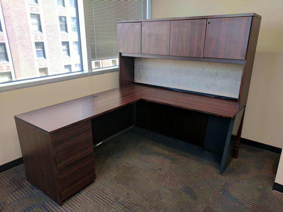 Mahogany Laminate LShape Desk with Hutch 72" x 66" x 30/66" Madison
