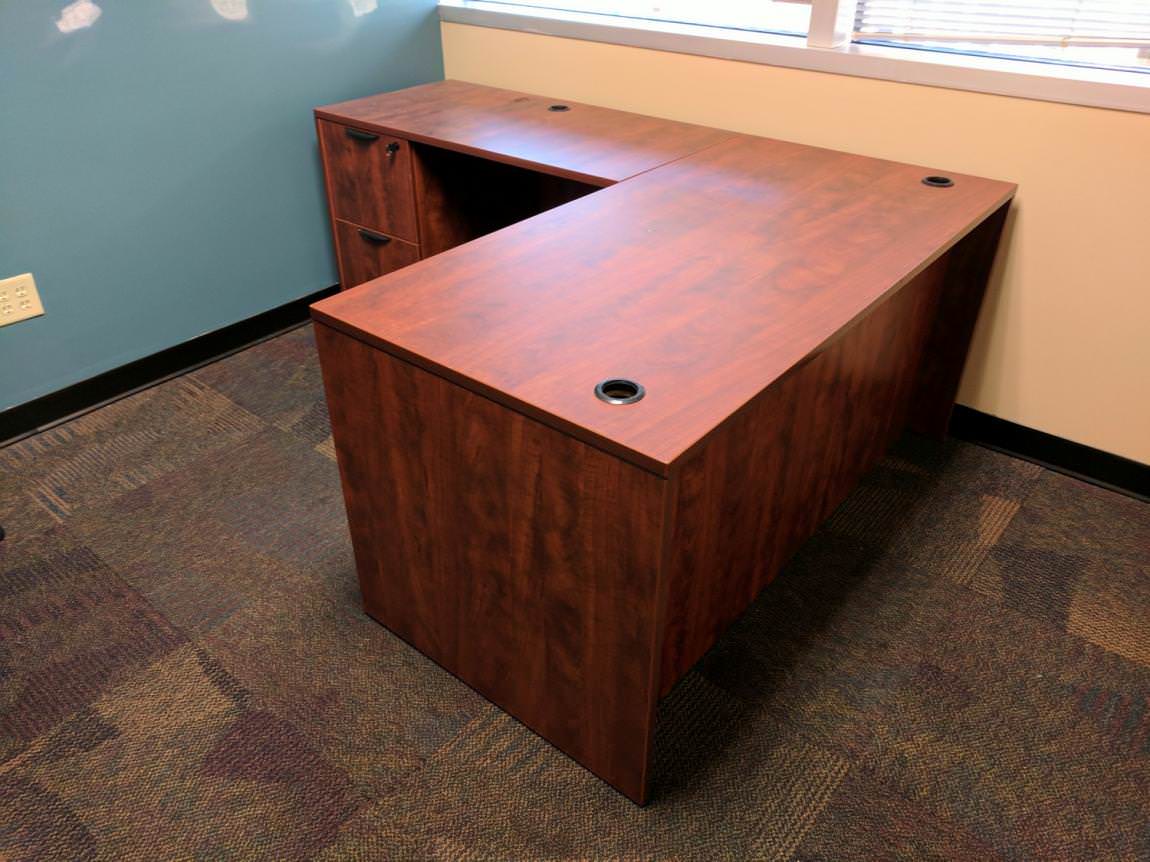 Cherry Laminate L-Shape Desk with Drawers