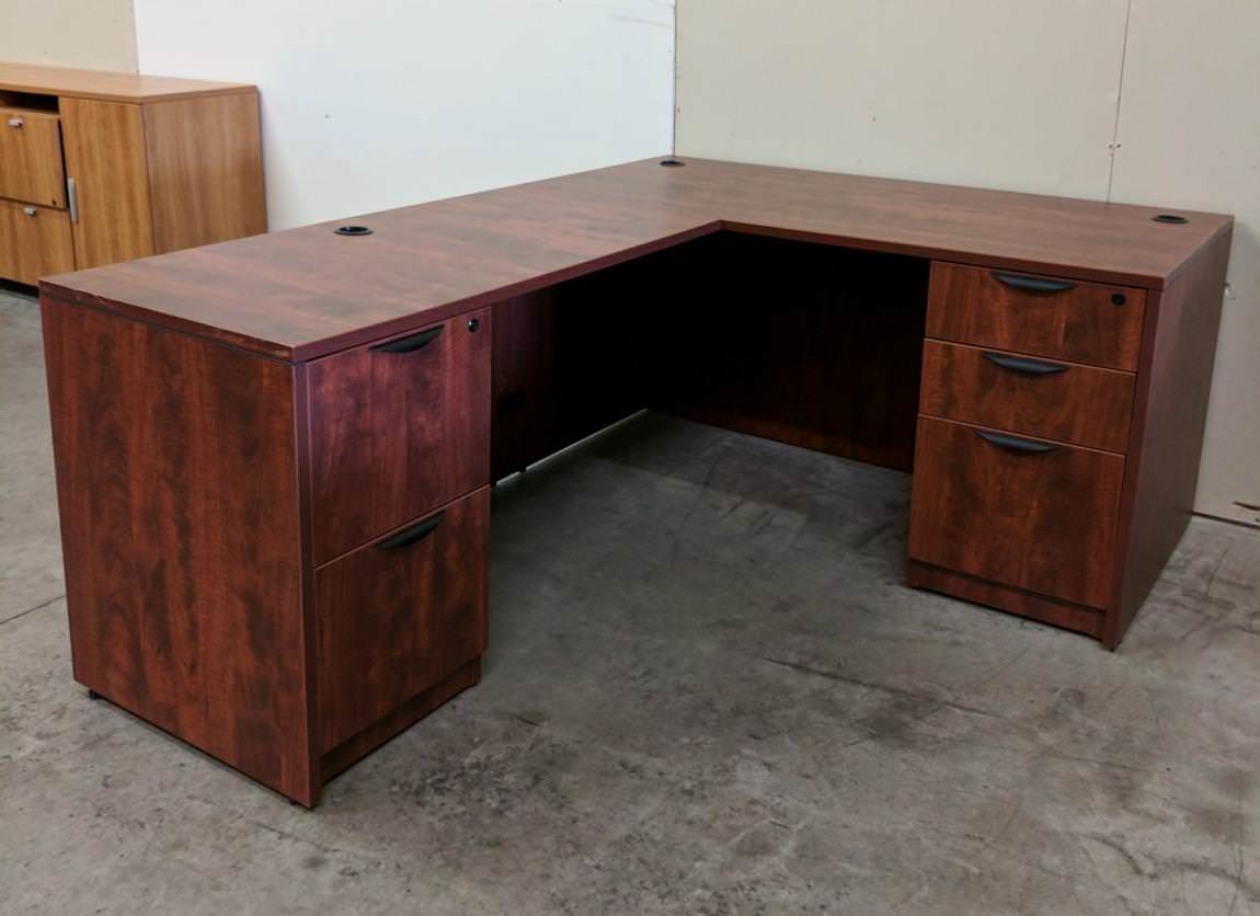Cherry Laminate L-Shape Desk with Drawers