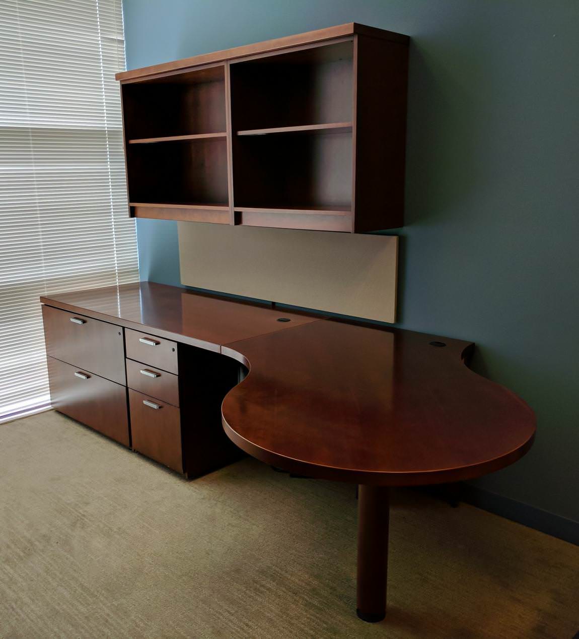 Solid Wood Cherry Peninsula Desk with Overhead Storage
