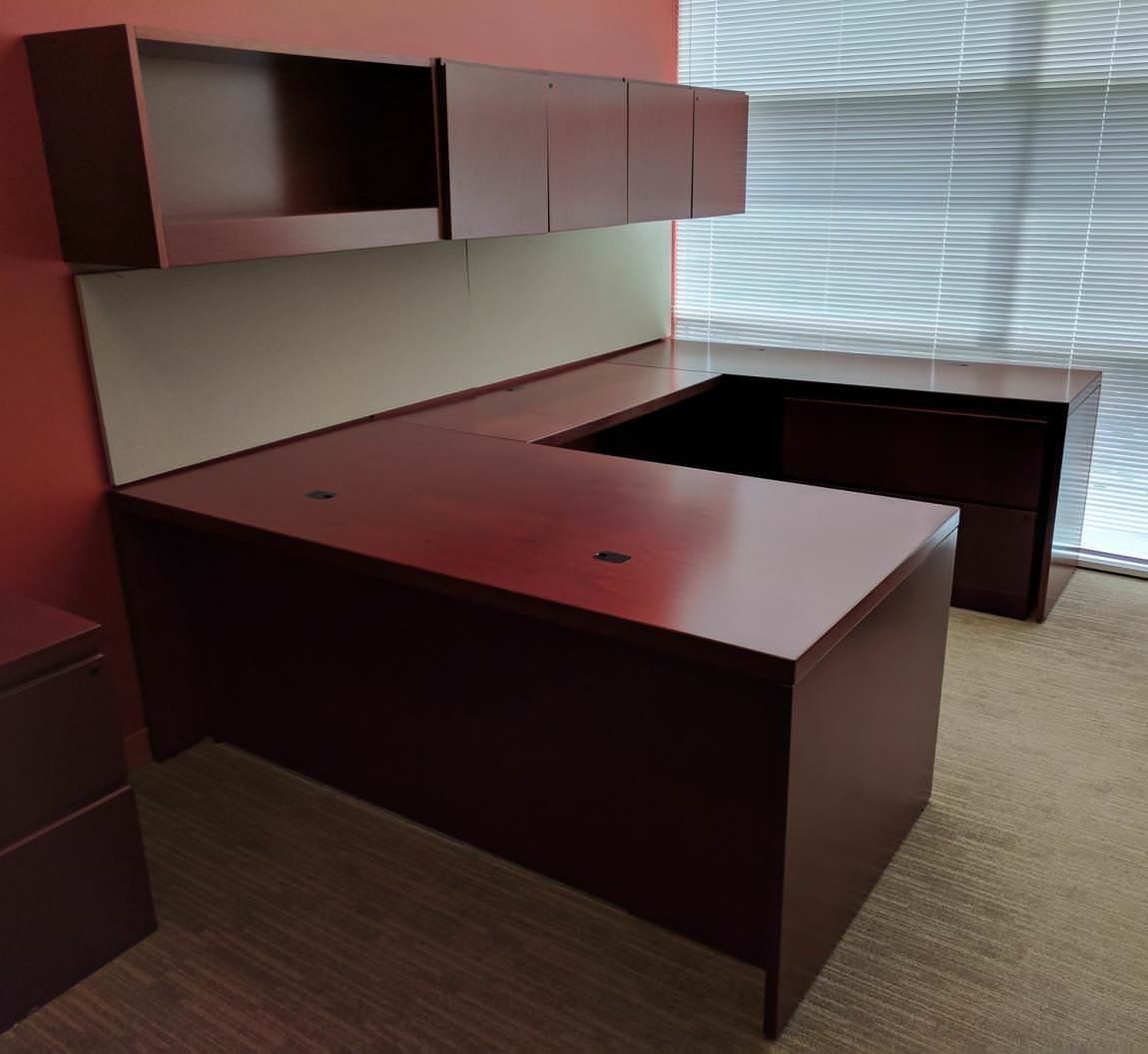Solid Wood Cherry U-Shape Desk with Overhead Storage – Right Bridge