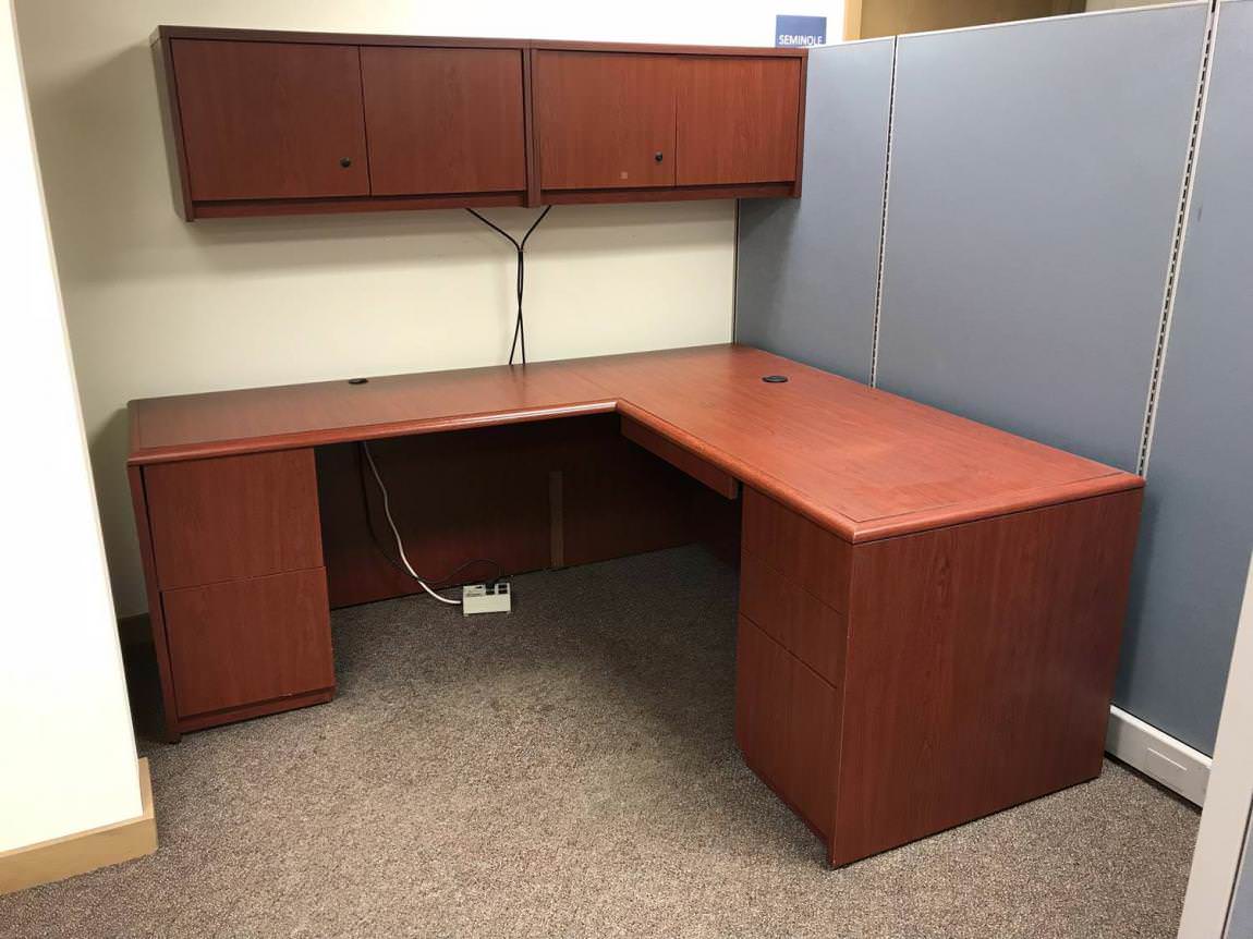 National Cherry L-Shaped Laminate Desk with Hutch