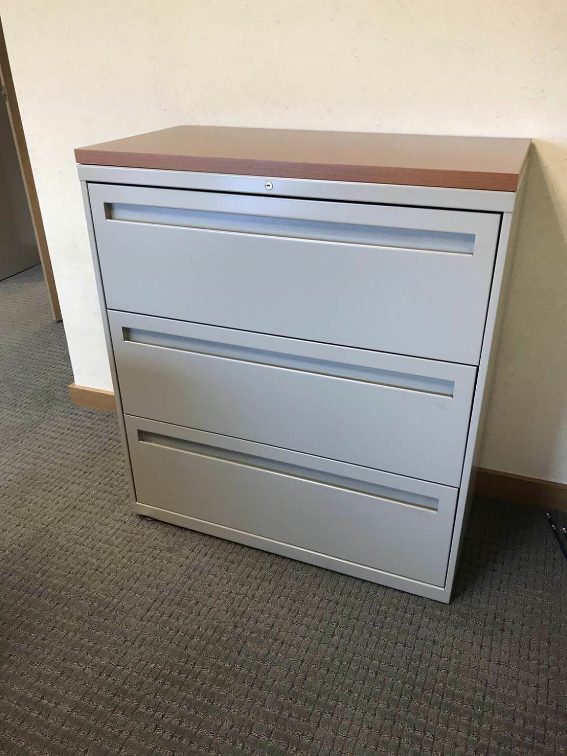 Gray 3 Drawer Lateral Filing Cabinet with Cherry Laminate Top