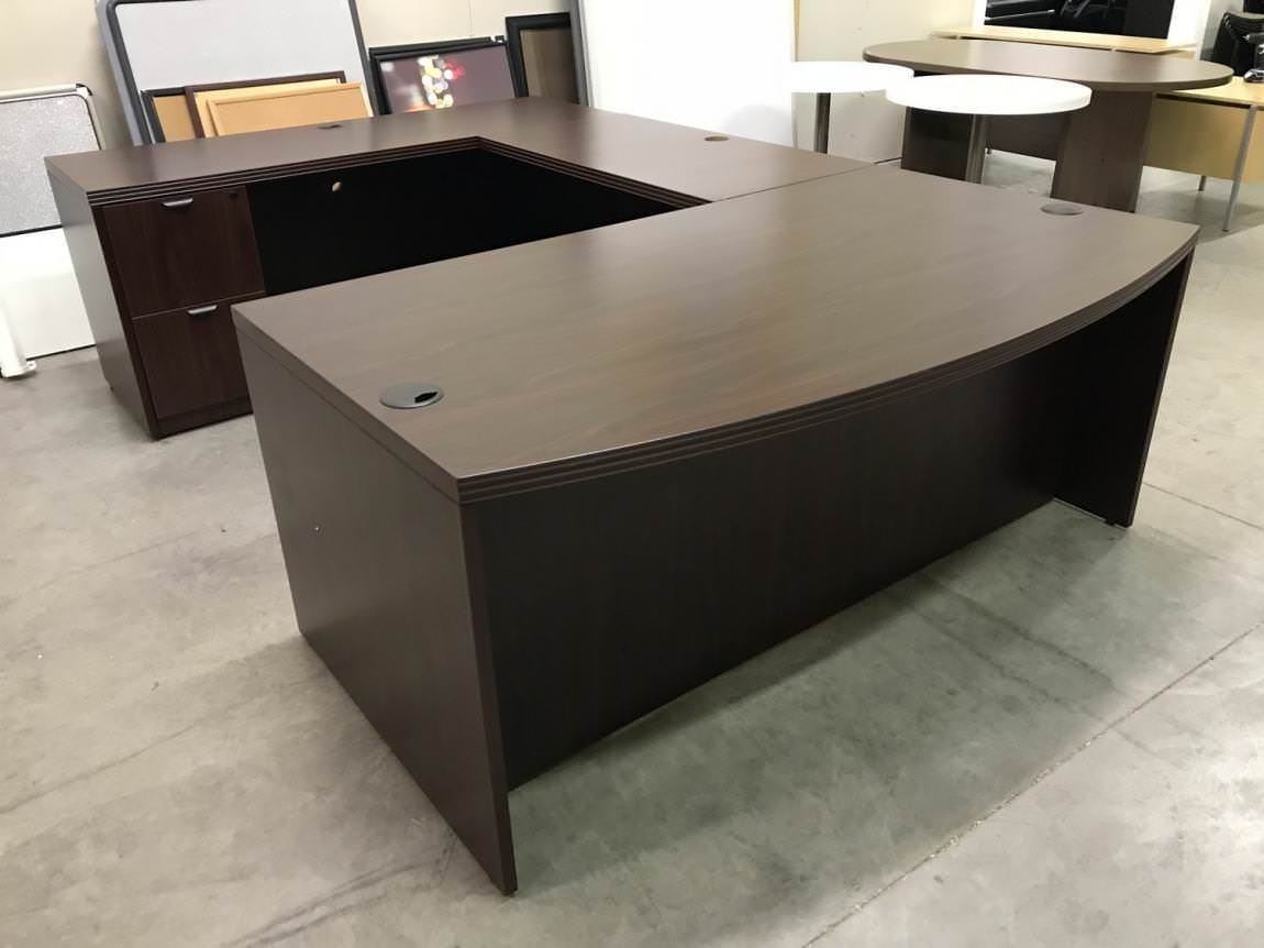 Mahogany Laminate Bow Front U-Shape Desk with Drawers