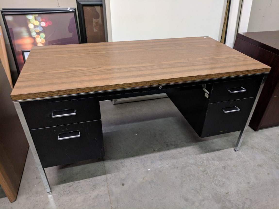 Steelcase Black Metal Desk With Walnut Laminate Top