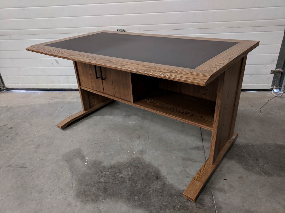 Desk with Hinged Door Storage and Walnut Finish